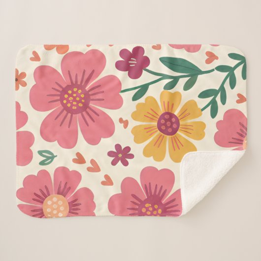 Whimsical Pink Bloom & Hearts Retro Pattern Sherpa Deken (Voorkant (horizontaal))