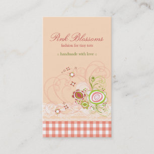 Whimsical Pink Blossom Checks & Lace Profile Card Visitekaartje