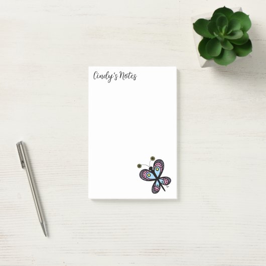 Whimsical Pink & Blue Cartoon Butterfly 4 x 6 Post-it® Notes (Kantoor)