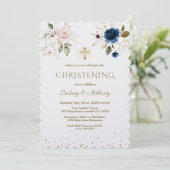 Whimsical Pink Blue Gold Flowers Twins Christening Kaart (Staand voorkant)