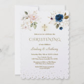 Whimsical Pink Blue Gold Flowers Twins Christening Kaart (Voorkant)