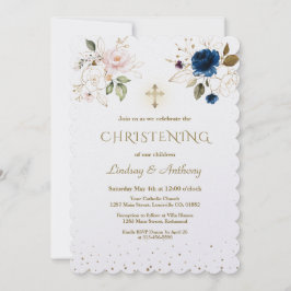 Whimsical Pink Blue Gold Flowers Twins Christening Kaart