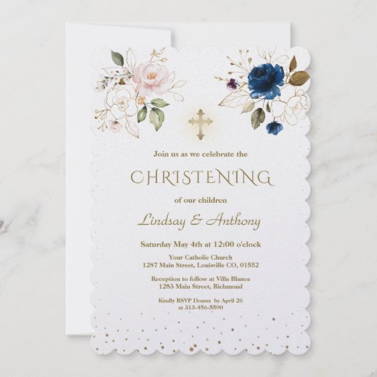 Whimsical Pink Blue Gold Flowers Twins Christening Kaart (Voorkant)