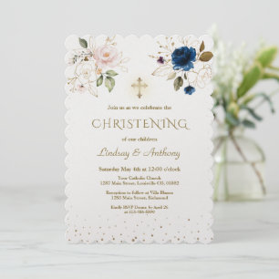 Whimsical Pink Blue Gold Flowers Twins Christening Kaart