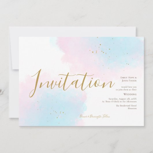 Whimsical Pink Blue Waterverf Gold Splash Wedding Kaart (Voorkant)