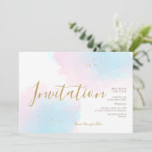 Whimsical Pink Blue Waterverf Gold Splash Wedding Kaart (Staand voorkant)