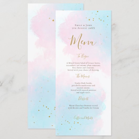 Whimsical Pink Blue Waterverf Gold Splash Wedding Menu (Voorkant / Achterkant)