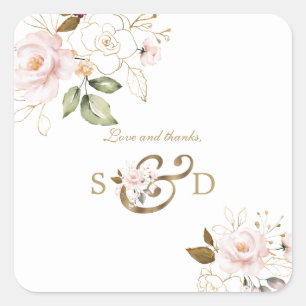 Whimsical Pink Blush Gold Flowers Monogram Weddens Vierkante Sticker
