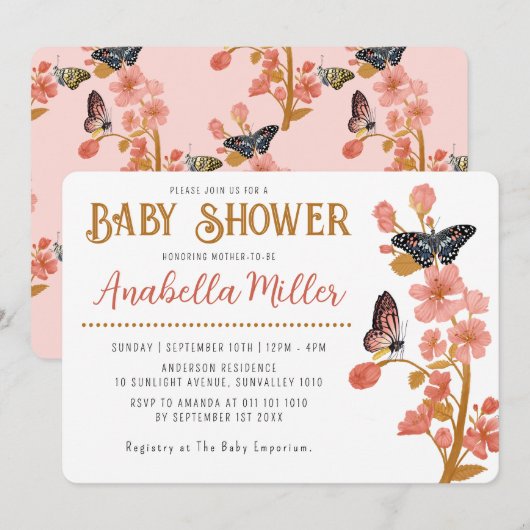 Whimsical Pink Boho Butterfly Girl Baby shower Kaart (Voorkant / Achterkant)