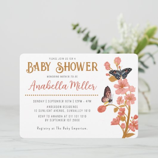 Whimsical Pink Boho Butterfly Girl Baby shower Kaart (Staand voorkant)