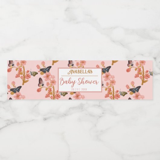 Whimsical Pink Boho Butterfly Girl Baby shower Waterfles Etiket (Enkel label)