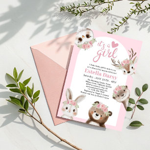 Whimsical Pink Boho Woodland Girl Baby shower Kaart