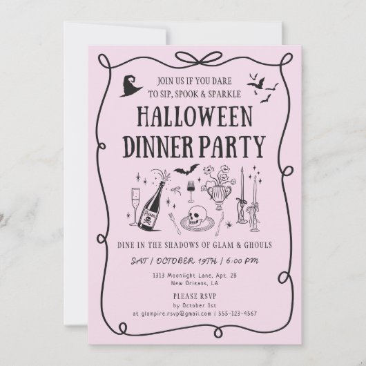 Whimsical Pink Boos & Bows Halloween Dinner Party Kaart (Voorkant)