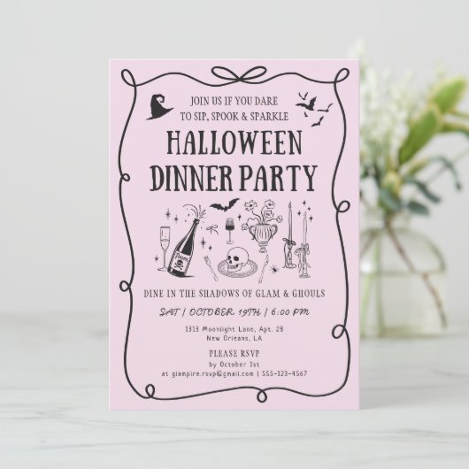 Whimsical Pink Boos & Bows Halloween Dinner Party Kaart (Staand voorkant)
