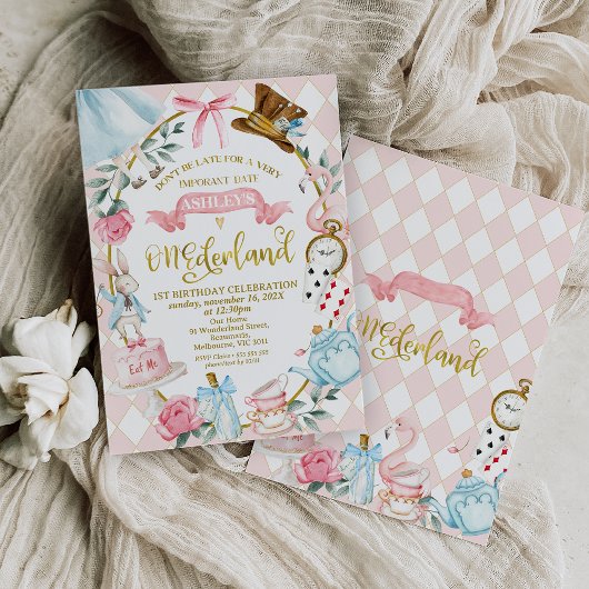 Whimsical Pink Bow Alice Onederland 1e verjaardag Kaart