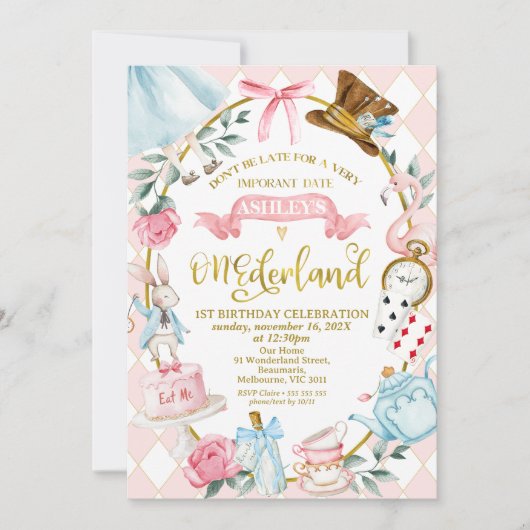 Whimsical Pink Bow Alice Onederland 1e verjaardag Kaart (Voorkant)