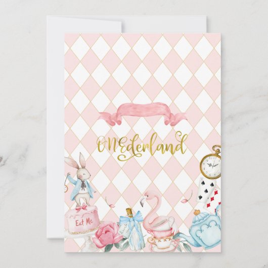 Whimsical Pink Bow Alice Onederland 1e verjaardag Kaart (Achterkant)