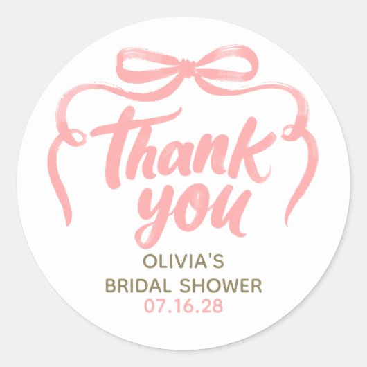 Whimsical Pink Bow Bridal Shower Thank You Ronde Sticker (Voorkant)