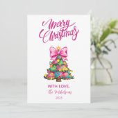 Whimsical Pink Bow Christmas Tree Feestdagenkaart (Staand voorkant)