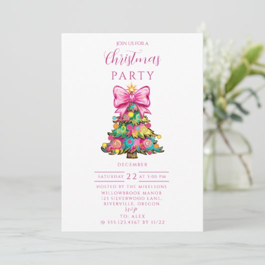 Whimsical Pink Bow Christmas Tree Kaart (Staand voorkant)
