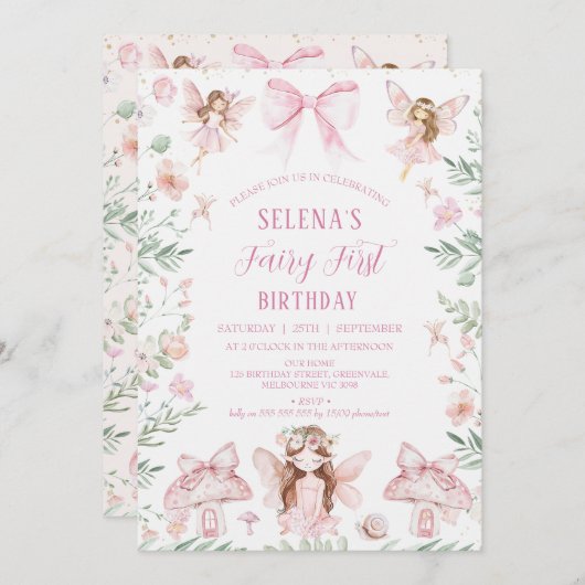 Whimsical Pink Bow Fairy eerste verjaardag Kaart (Voorkant / Achterkant)