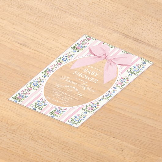 Whimsical Pink Bow Floral Baby shower Acryl Uitnodigingen (Laagn)