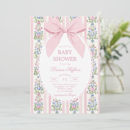Whimsical Pink Bow Floral Baby Shower Kaart (Staand voorkant)