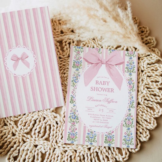 Whimsical Pink Bow Floral Baby Shower Kaart