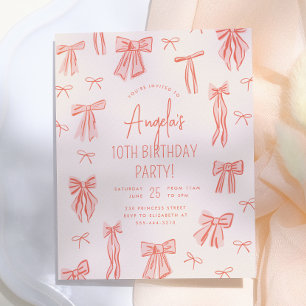 Whimsical Pink Bow Girl Budget Verjaardag Uitnodig
