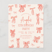 Whimsical Pink Bow Girl Budget Verjaardag Uitnodig (Voorkant)