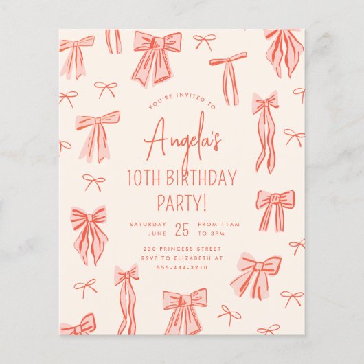 Whimsical Pink Bow Girl Budget Verjaardag Uitnodig (Voorkant)