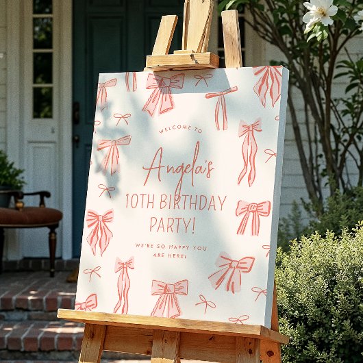 Whimsical Pink Bow Girl Verjaardag Welkom Teken Poster
