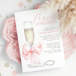 Whimsical Pink Bow Pearls & Prosecco Bridal Shower Kaart
