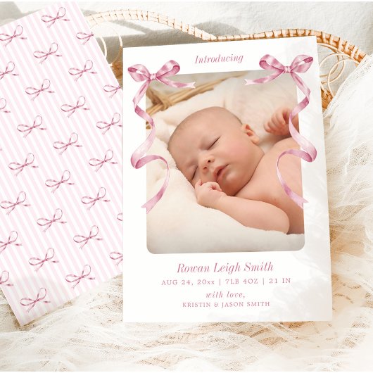 Whimsical Pink Bows Baby Geboorte Aankondiging