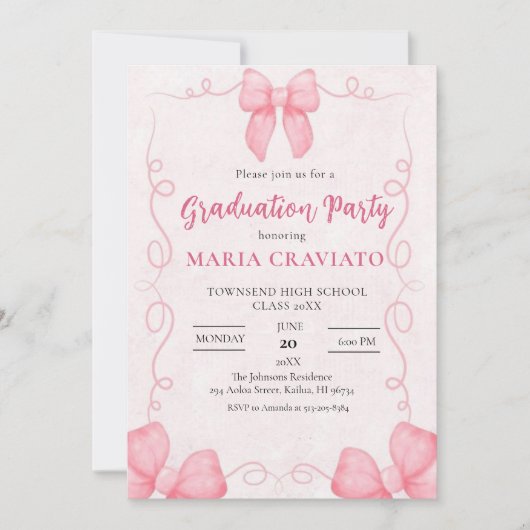 Whimsical Pink Bows Lijst Graduation Party Invita Kaart (Voorkant)