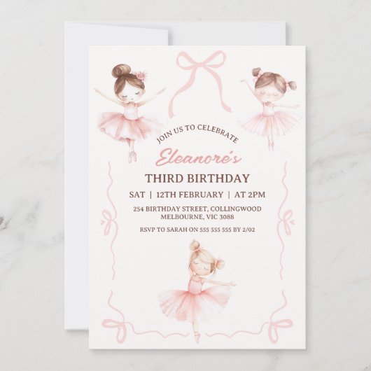 Whimsical Pink Brown Bows Ballerina 3e verjaardag Kaart (Voorkant)