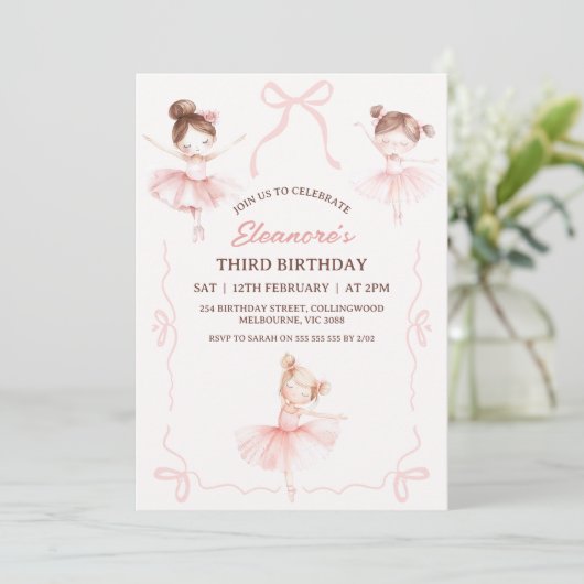 Whimsical Pink Brown Bows Ballerina 3e verjaardag Kaart (Staand voorkant)