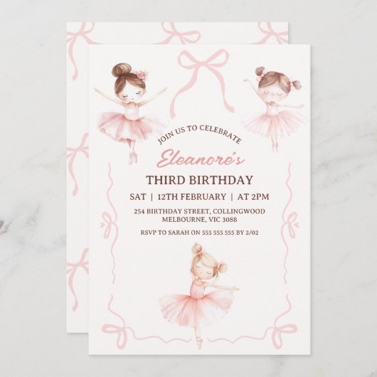 Whimsical Pink Brown Bows Ballerina 3e verjaardag Kaart (Voorkant / Achterkant)