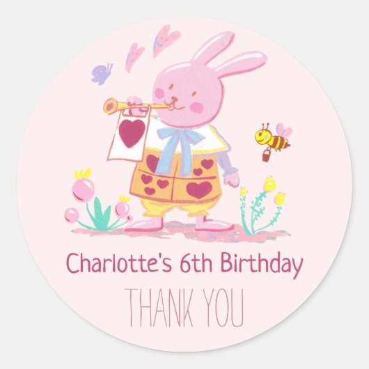 Whimsical Pink Bunny in de Waterverf van de tuin Ronde Sticker (Voorkant)