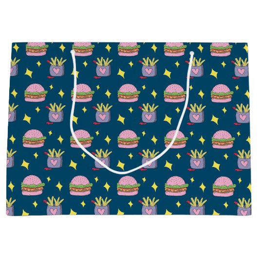 Whimsical Pink Burger en Fries Pattern Groot Cadeauzakje (Voorkant)