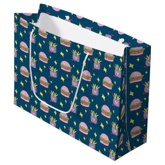 Whimsical Pink Burger en Fries Pattern Groot Cadeauzakje (Voorkant Gekanteld)