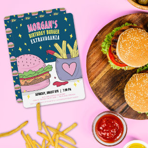 Whimsical Pink Burger en Fries Verjaardagsfeestje Kaart