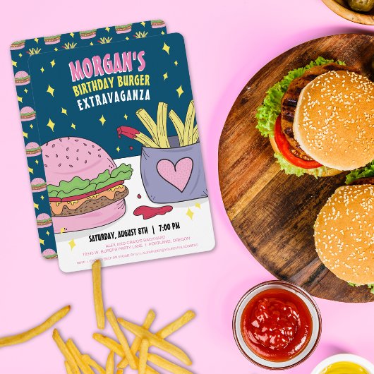 Whimsical Pink Burger en Fries Verjaardagsfeestje Kaart