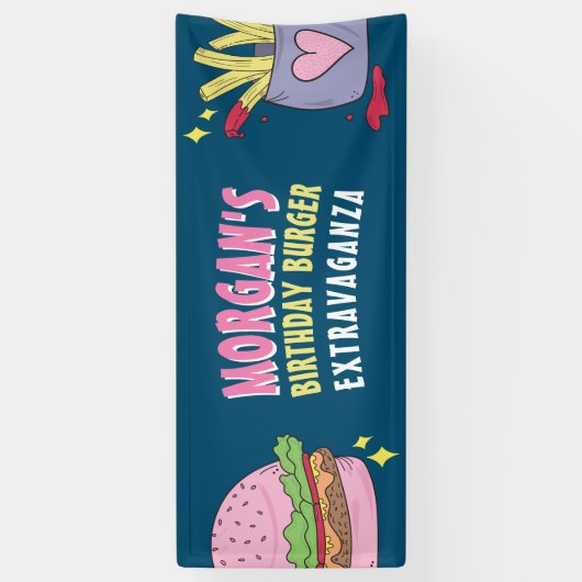 Whimsical Pink Burger en Fries Verjaardagsfeestje Spandoek (Verticaal)