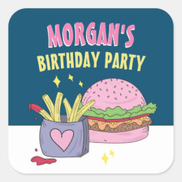 Whimsical Pink Burger en Fries Verjaardagsfeestje Vierkante Sticker