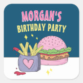 Whimsical Pink Burger en Fries Verjaardagsfeestje Vierkante Sticker (Voorkant)