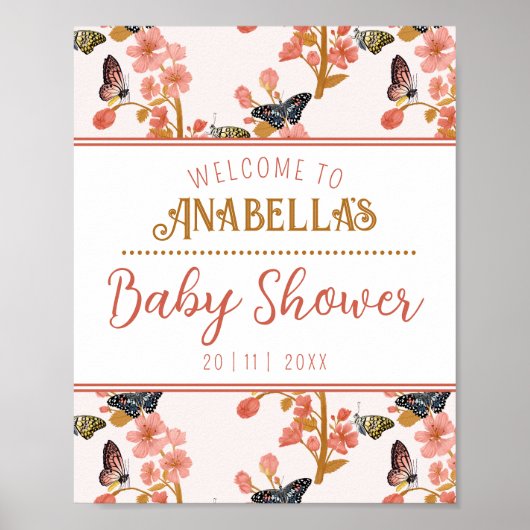 Whimsical Pink Butterfly Baby shower Welcome Sign Poster (Voorkant)