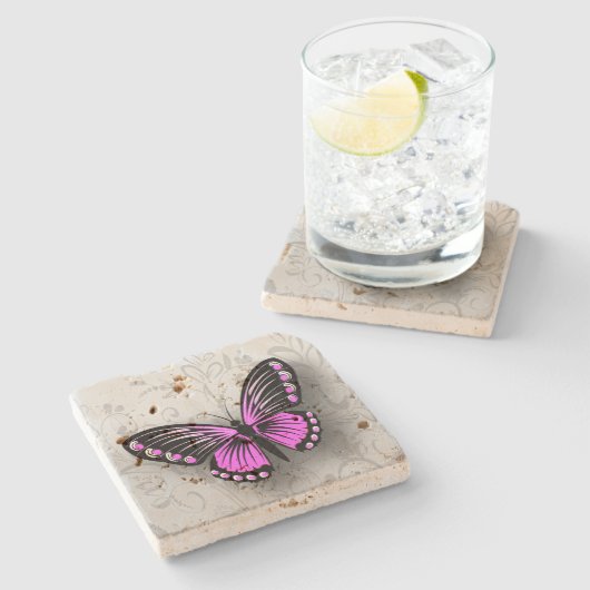 Whimsical Pink Butterfly op Grey Floral Stenen Onderzetter (Zijkant)