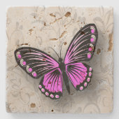 Whimsical Pink Butterfly op Grey Floral Stenen Onderzetter (Voorkant)