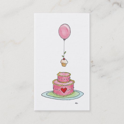 Whimsical Pink Cake Ballon & Cupcake Visitekaartje (Voorkant)
